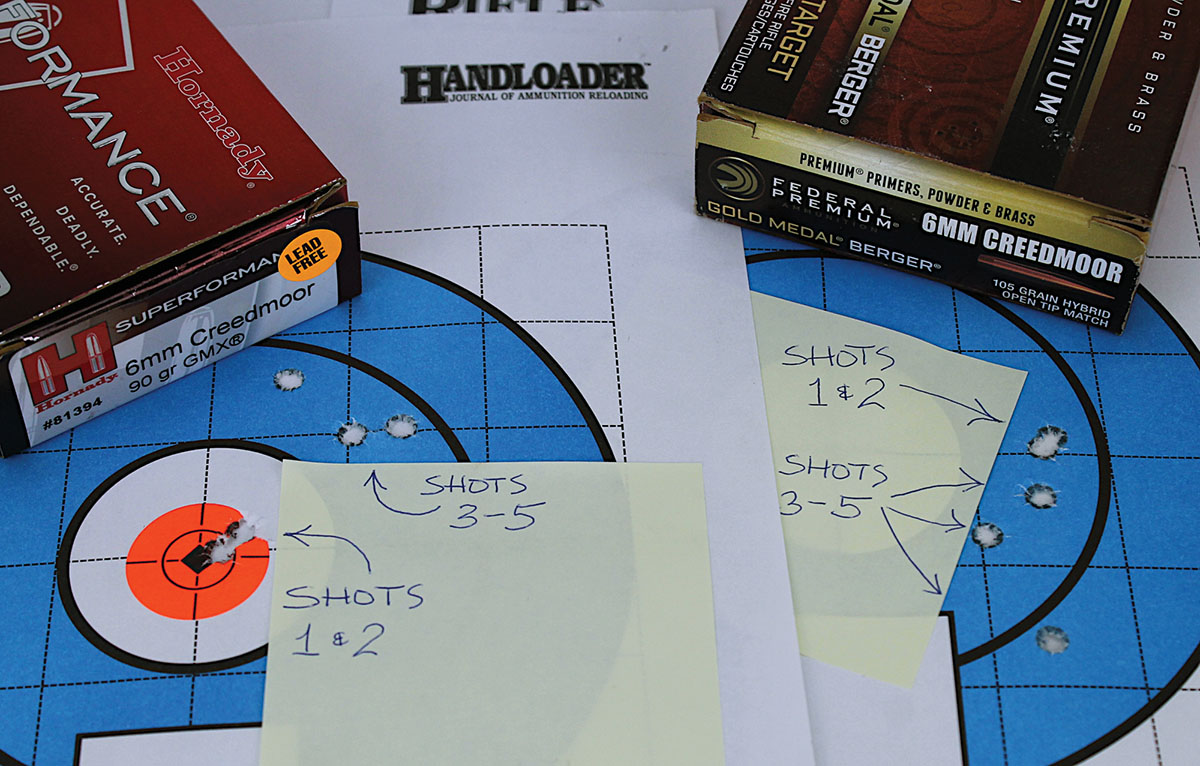 The first two shots cozied up, but barrel heating moved the next three shots into a separate group.